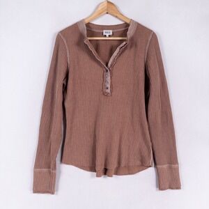 BKE Top Women Large Brown Thermal Henley Waffle Knit Long Sleeve Distressed Trim